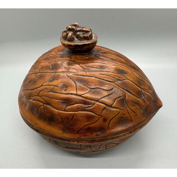 Vintage Signed Walnut Ceramic Dish with Lid Walnut handle On Lid Fred Hall 1970 - Picture 1 of 13